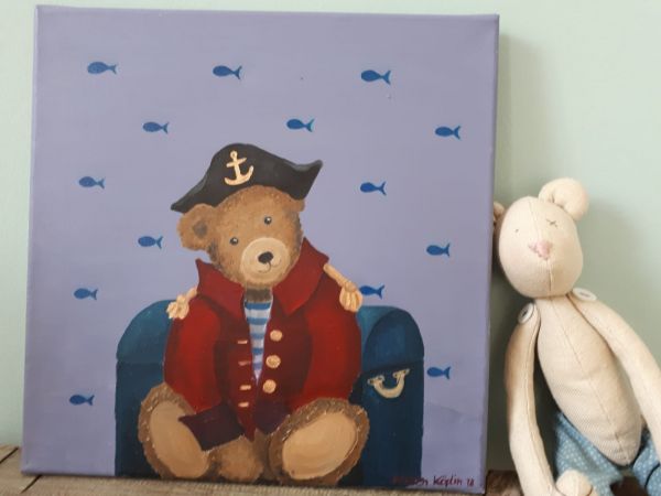 Bild Öl auf Leinwand Teddy "Kapitän"