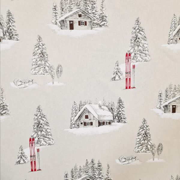 Kurzstück Stoff Baumwolle Meterware natur "Wintersport" Ski Skihütte 0,50m x 1,55m