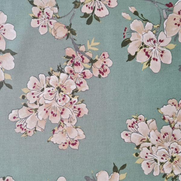 Stoff Baumwolle beschichtet "Jade" grün Apfelblüten Blüten Pflaumenblüten 0,5