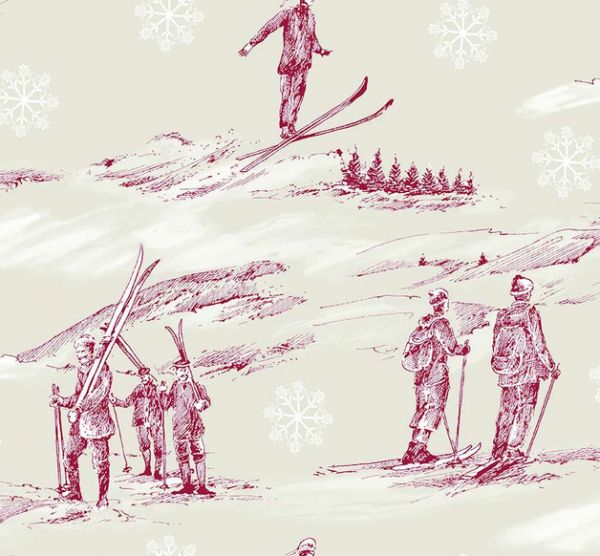 Stoff Meterware Baumwolle natur rot Ski Nostalgie