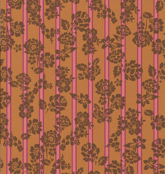 Stoff Meterware Baumwolle "Grasse" Blumen und Streifen Safran Marron Pink 0,5