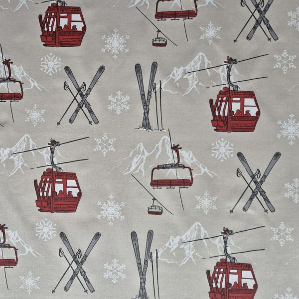 Stoff Meterware Baumwolle "Skilift" beige rot 0,5
