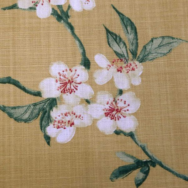 Kurzstück Stoff Baumwolle "Saporro" Kirschblüten gross safrangelb Leinenoptik 1,10m x 1,60m