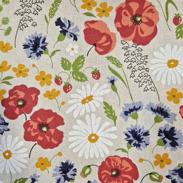 Stoff Baumwollstoff "Sommerblumen" natur bunt Mohnblumen Kornblumen 0,5