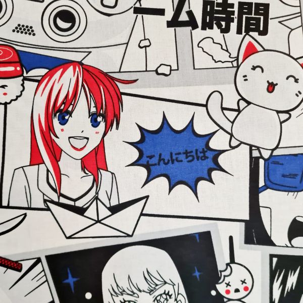 Stoff Meterware Baumwolle "K-Pop" Anime Manga schwarz weiss blau rot 0,5