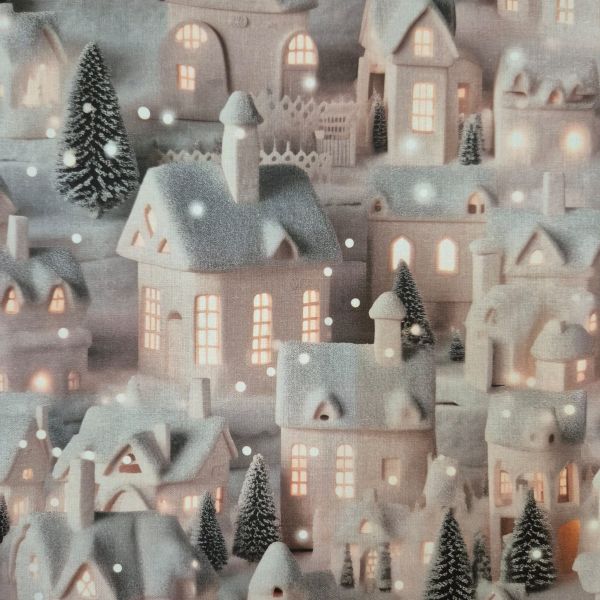 Stoff Meterware Baumwolle "Schneestadt" Häuser Weihnachten Digitaldruck 0,5