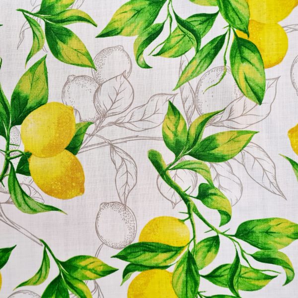 Stoff Baumwolle "Citron" Zitronen weiss gelb Leinenoptik 0,5