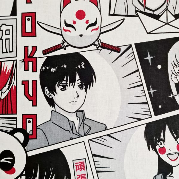 Stoff Meterware Baumwolle "K-Pop" Anime Manga schwarz weiss grau rot 0,5