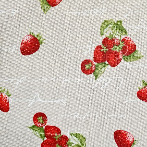 Kurzstück Stoff Meterware Baumwolle pflegeleicht "Erdbeeren" natur Handschrift weiss 0,60m x 1,40m