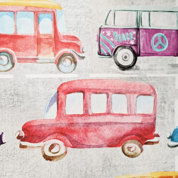 Stoff Baumwolle "Autos" bunt ecru Digitaldruck Leinenoptik 0,5