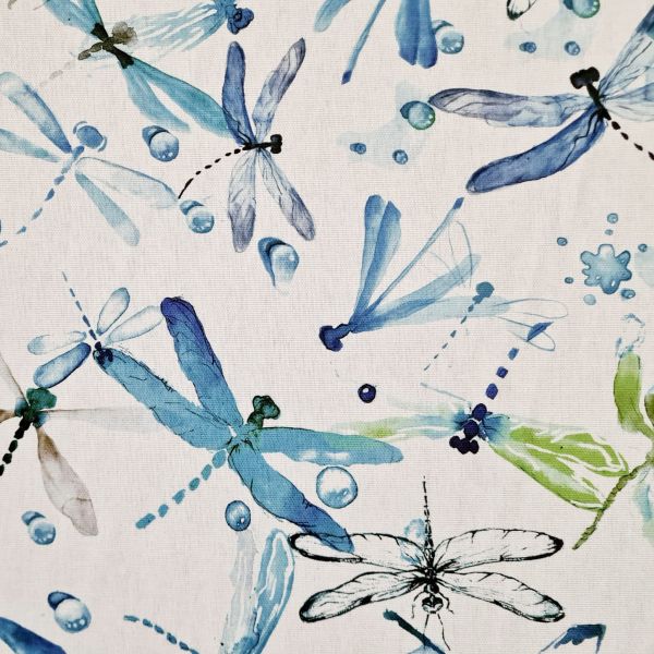 Stoff Baumwolle "Fireflies & Waterdrops" Libellen blau grün Aquarell Digitaldruck Leinenoptik 0,5