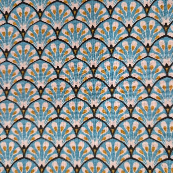 Stoff Baumwolle "Granada" Fächer aqua senfgelb schwarz weiß 0,5