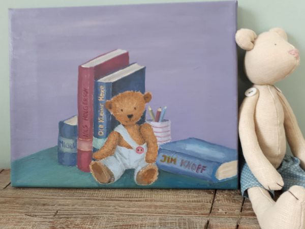 Bild Öl auf Leinwand Teddy "Bücher"