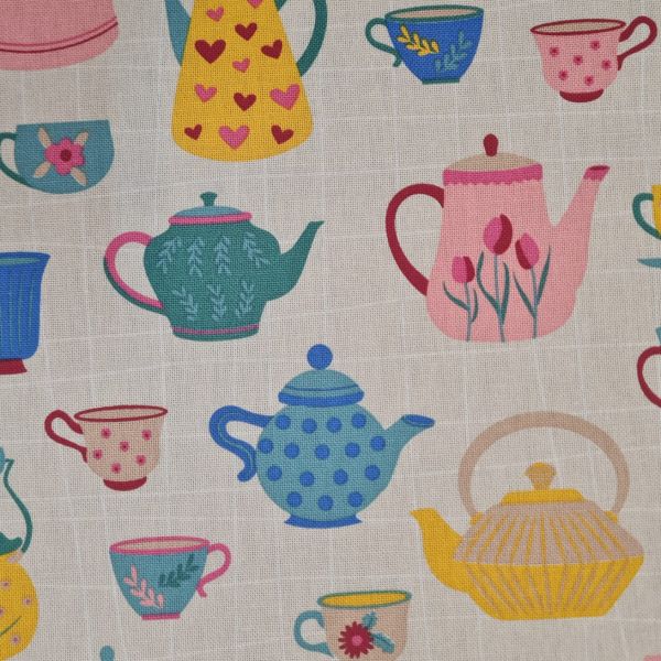 Stoff Baumwollstoff "Kaffee oder Tee" creme bunt 0,5