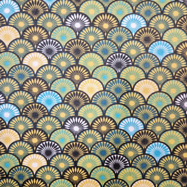 Stoff beschichtet Baumwolle "Suri" grün aqua petrol goldgelb Fächer wasserfest 0,5