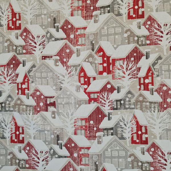 Stoff Baumwolle "Let It Snow" Häuser rot natur weiss Digitaldruck Leinenoptik 0,5