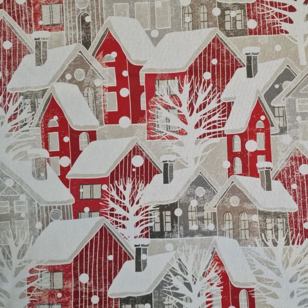Kurzstück Stoff Baumwolle "Let It Snow" Häuser rot natur weiss Digitaldruck Leinenoptik 0,90m x 1,40