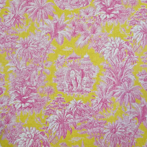 Stoff Baumwolle "Maharani" limettengelb fuchsia Toile de Jouy 0,5