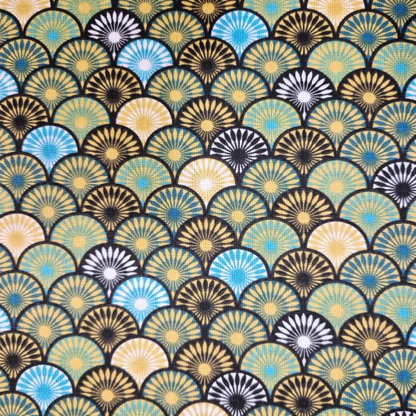 Stoff Baumwolle "Suri" grün aqua petrol goldgelb Fächer 0,5