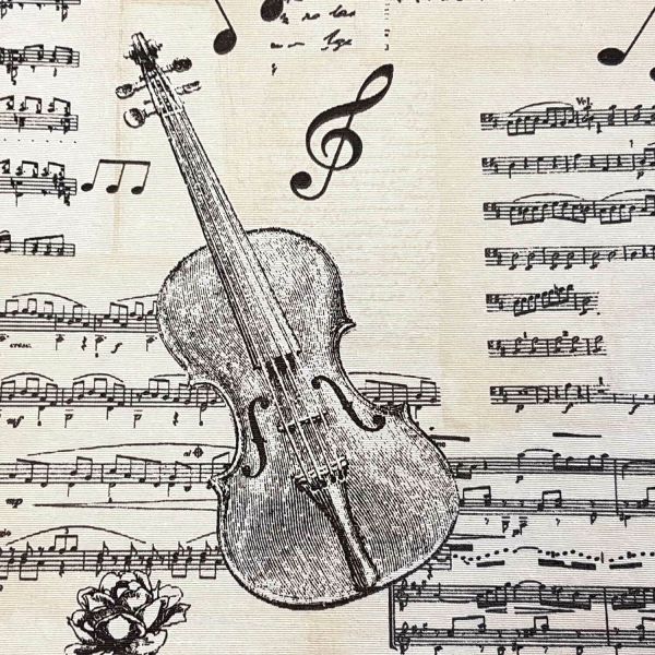Kurzstück Stoff Baumwolle pflegeleicht Noten Musikinstrumente natur grau 0,95m x 1,42m
