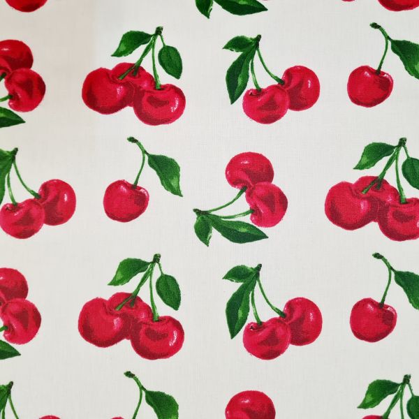 Stoff Baumwolle beschichtet "Cherry" Kirschen weiss rot Wachstuch 0,5