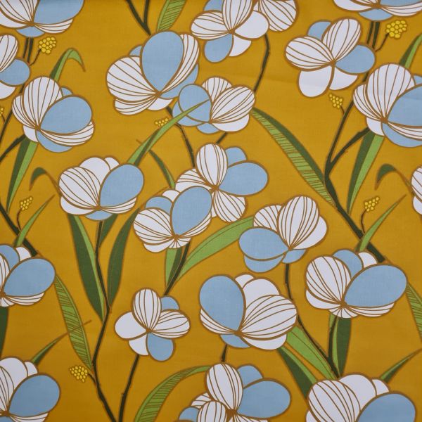 Stoff Baumwolle satiniert "Iphigenie" moutarde Blumen Camelien hellblau 0,5