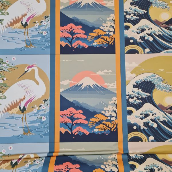 Stoff Baumwolle "Estampe" Japan Fujiyama Kranich Welle Panel Wandbild Geschirrhandtuch