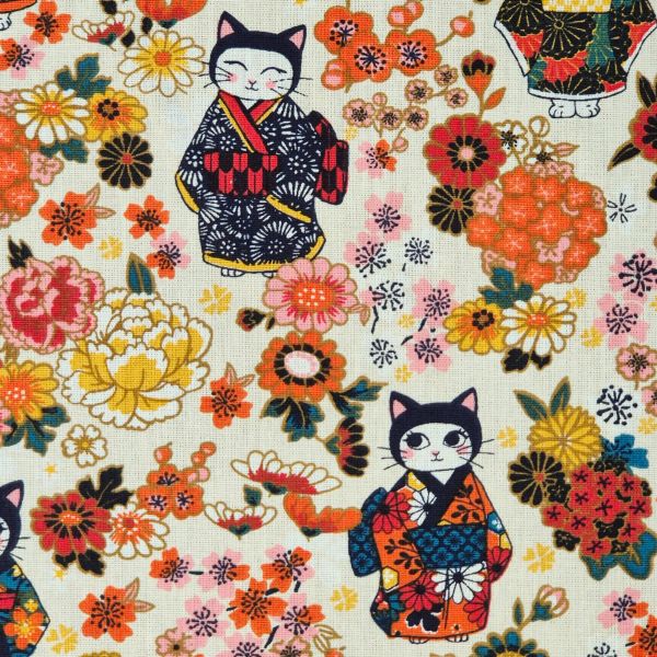 Stoff Baumwolle "Katzen in Kimonos" Blüten bunt ecru 0,5