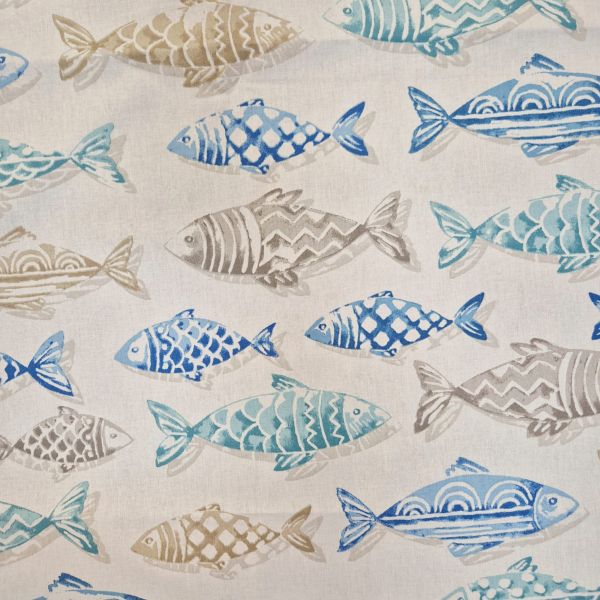 Stoff Meterware "Tangora" Fische Stempel blau beige petrol weiß 0,5