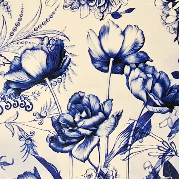 Stoff Baumwolle "Rhapsody" Blaudruck Blumen Tulpen Hortensien Percale 0,5