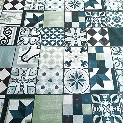 Stoff Meterware beschichtet petrol grün weiss Fliesen Kacheln Wachstuch Tischdecke 0,5