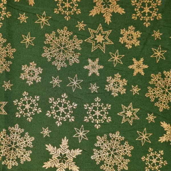 Stoff Meterware Baumwolle "Snöflingor" dunkelgrün Eiskristalle gold 0,5 Weihnachtsstoff