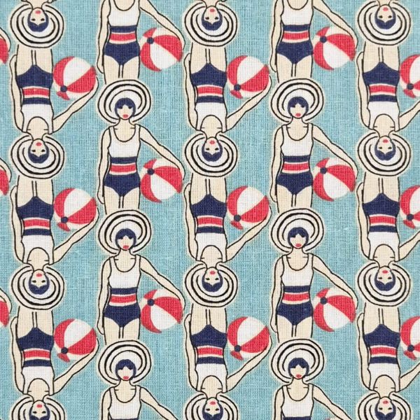 Stoff Baumwolle "Schwimmerinnen Retro" aqua rot weiß blau 0,5