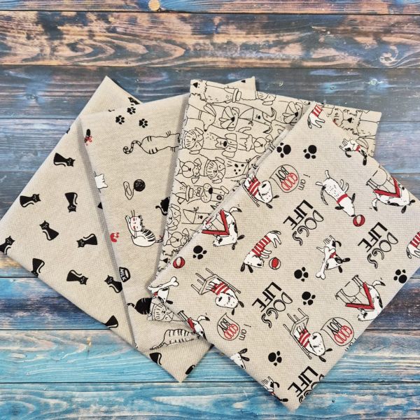 Stoffpaket "Hunde & Katzen" Quilten Patchwork Geschenkverpackung 4 Stücke a 50cm x 70cm