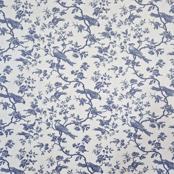 Stoff beschichtet Baumwolle "Mesanges" Toile de Jouy blau weiß 0,5