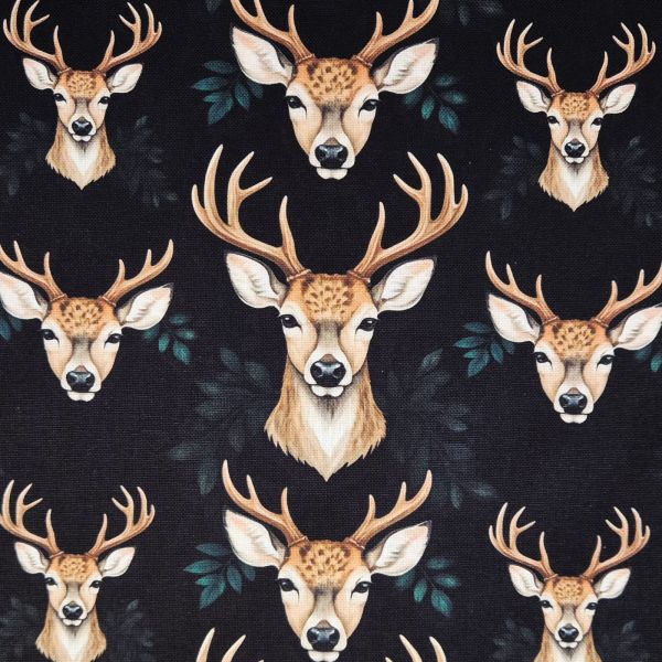 Stoff Meterware Baumwolle "Hirschköpfe" schwarz digital 0,5
