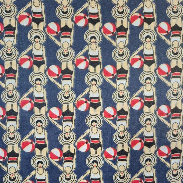 Stoff beschichtet Baumwolle "Schwimmerinnen Retro" marineblau rot weiß wasserfest 0,5