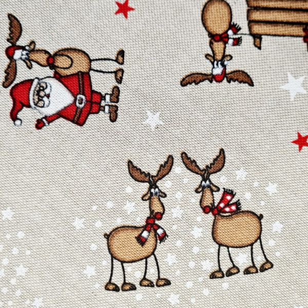Kurzstück Stoff Baumwolle pflegeleicht natur "Santa & Friends" Weihnachtsmann Rentier 1,50m x 1,4