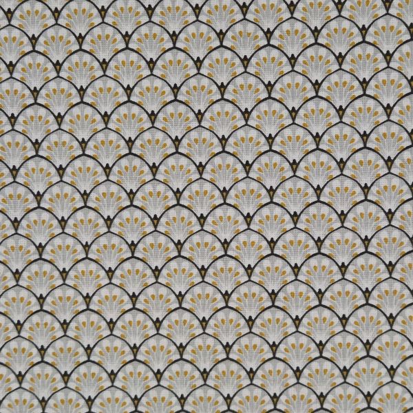 Stoff Baumwolle "Granada" Fächer grau senfgelb schwarz weiß 0,5