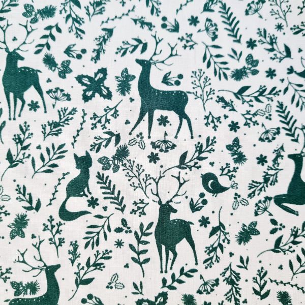 Stoff Baumwollstoff weiss "Deer Green" grün Hirsche Zweige skandi 0,5 Weihnachtsstoff