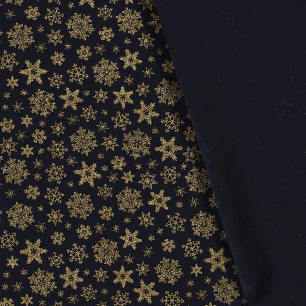 Stoff Meterware Baumwolle "Snöflingor" dunkelblau Eiskristalle gold 0,5 Weihnachtsstoff
