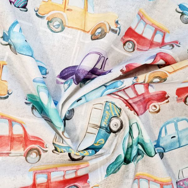 Stoff Baumwolle "Autos" bunt ecru Digitaldruck Leinenoptik 0,5