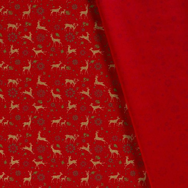 Stoff Meterware Baumwolle rot Hirsche gold 0,5 Weihnachten