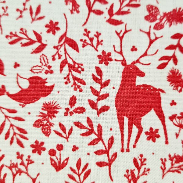 Stoff Baumwollstoff weiss "Deer Red" rot Hirsche Zweige skandi 0,5 Weihnachten
