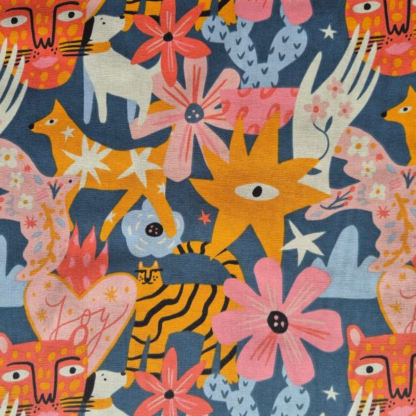 Kurzstück Stoff Meterware Baumwolle "Joy" Petrolblau Multicolor 0,65m x 1,50m