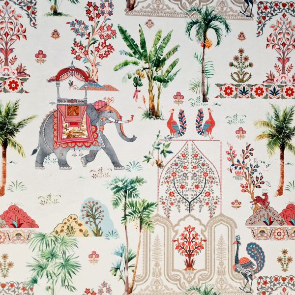 Stoff Meterware Dekosamt Velours Velvet "Mumbai" Indien Elefant graubeige bunt digital 0,5