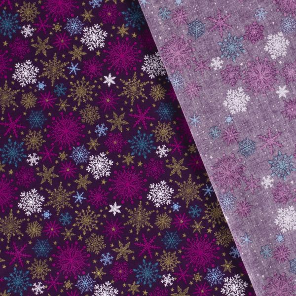 Stoff Meterware Baumwolle purple Eiskristalle Gold Pink Aqua Hellblau 0,5 Weihnachten